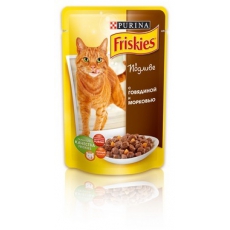 Friskies (Фріскіс) Консервований повнораціонний корм для дорослих котів з яловичиною та морквою. Шматочки у підливці 100 г